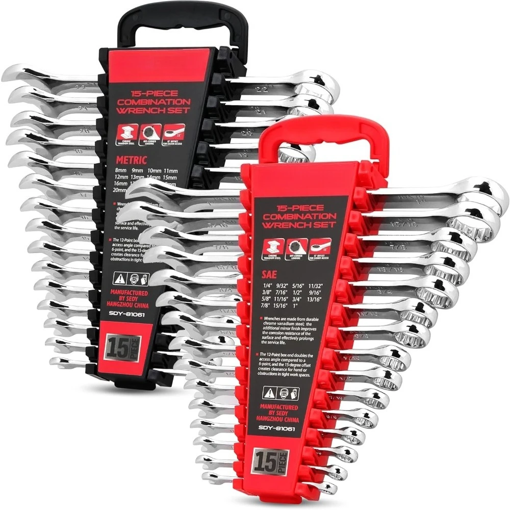 

Professional 30-Piece Combination Wrench Set with Organizer 1/4 to 1 Inch and 8-22mm 12 Point Tool Kit for Mechanics Garages