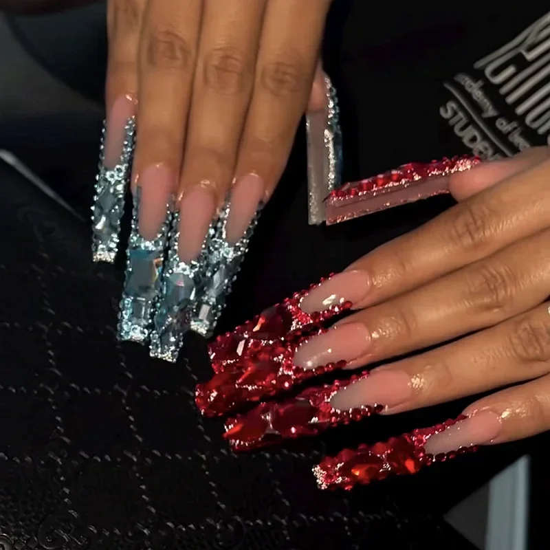 

10PCS Handmade Bling Rhinestone 5CM Long Square Press On Nails Acrylic Stickers False Nail Tips Full Cover Fake Nail With Glue
