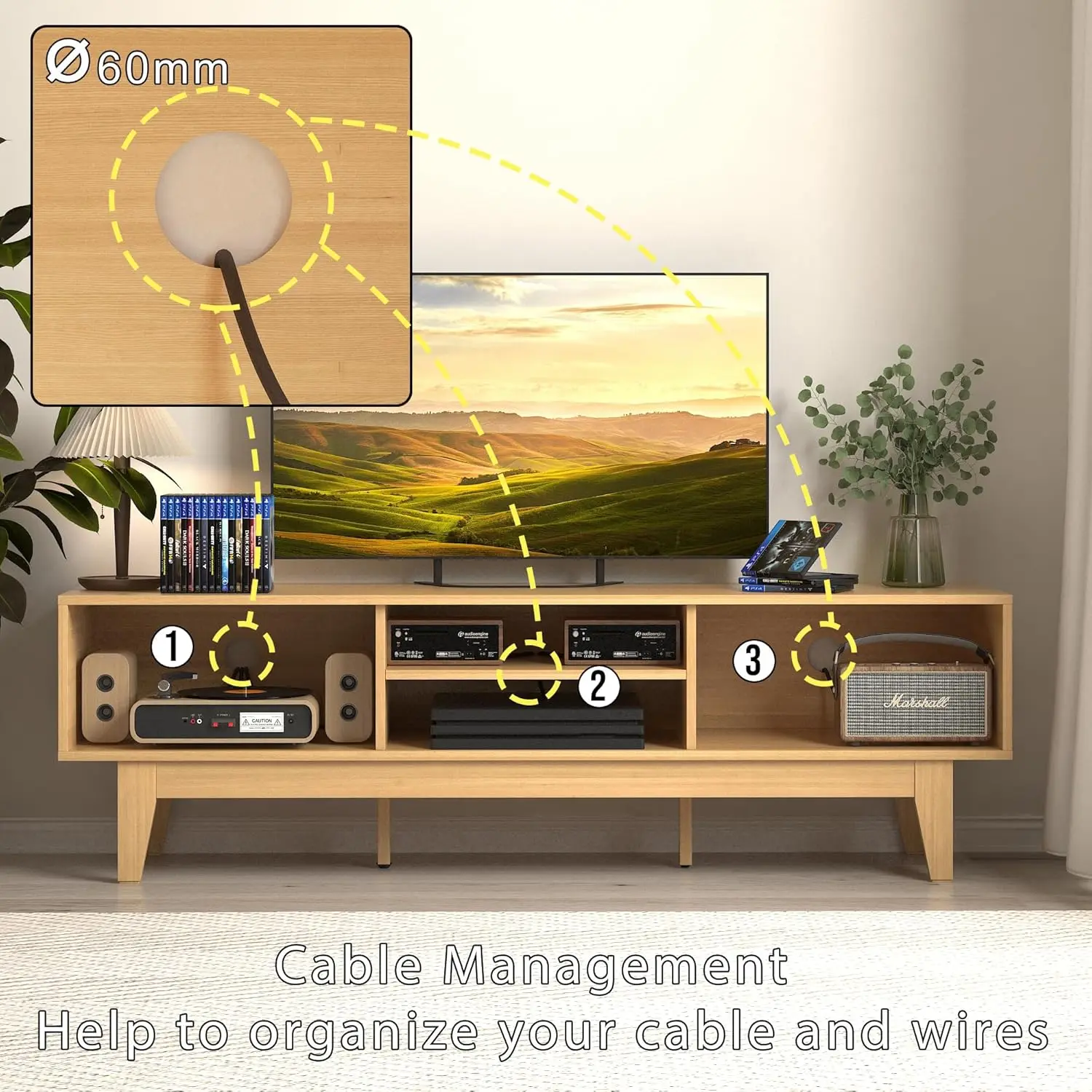 Suporte de TV Boho para TV de 55 65 polegadas, centro de entretenimento de vime com prateleiras, armários e portas deslizantes, mesa de console de mídia de TV