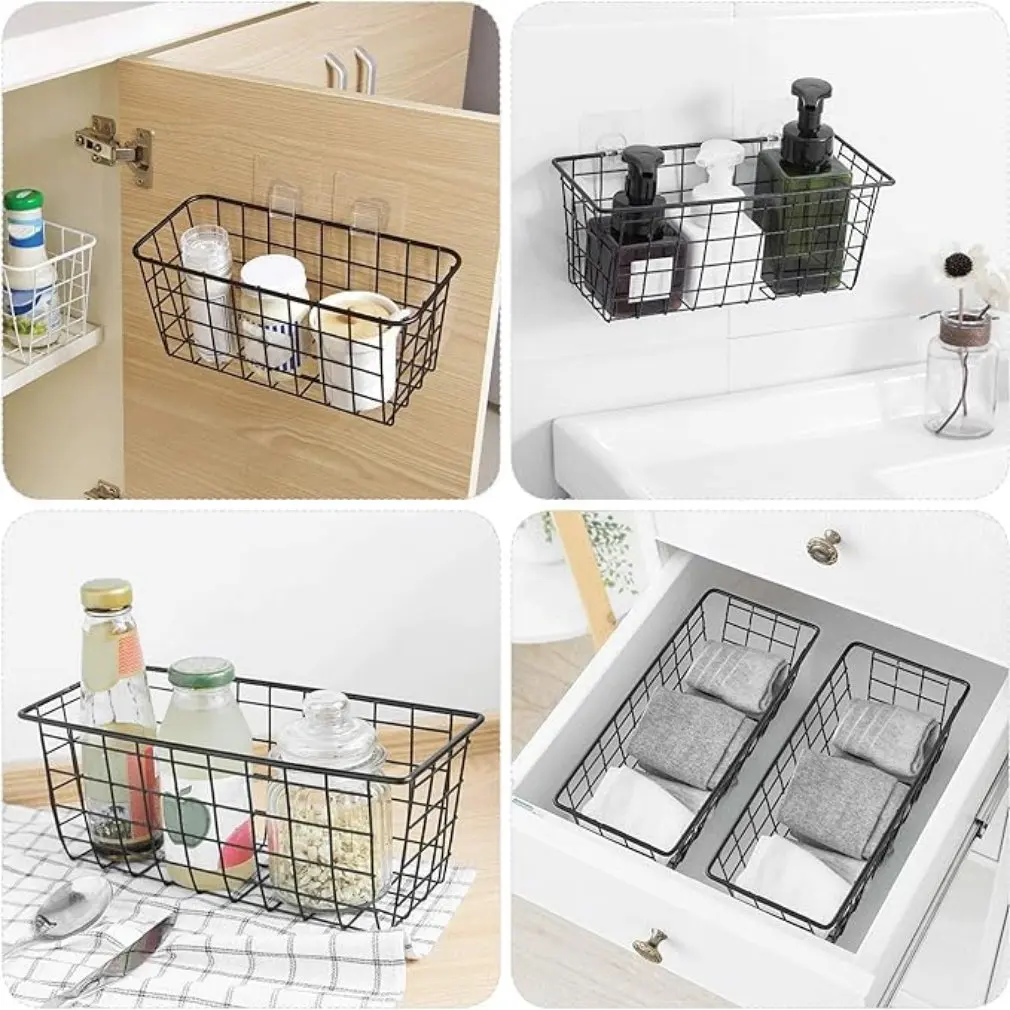 New Hollow Iron Wired Storage Basket Grid Hanging Basket Bathroom Wall Desktop Storage Supply Kitchen Vegrtable Fruit Organizer