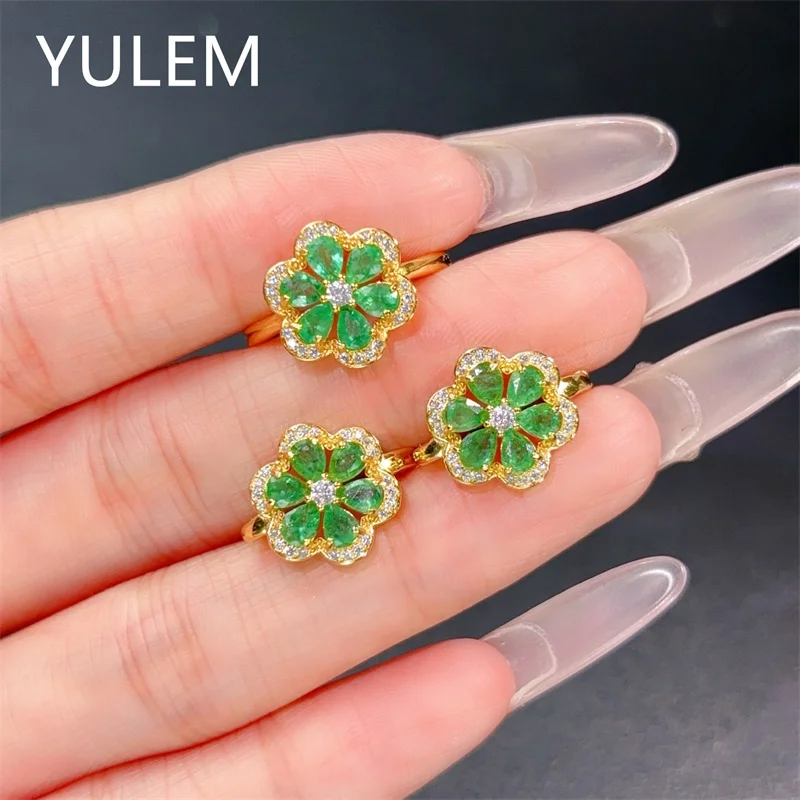 YULEM 925 Silver Natural Emerald Flower Design Jewelry Set Real Gemstone Ring Earrings for Women with Certificate