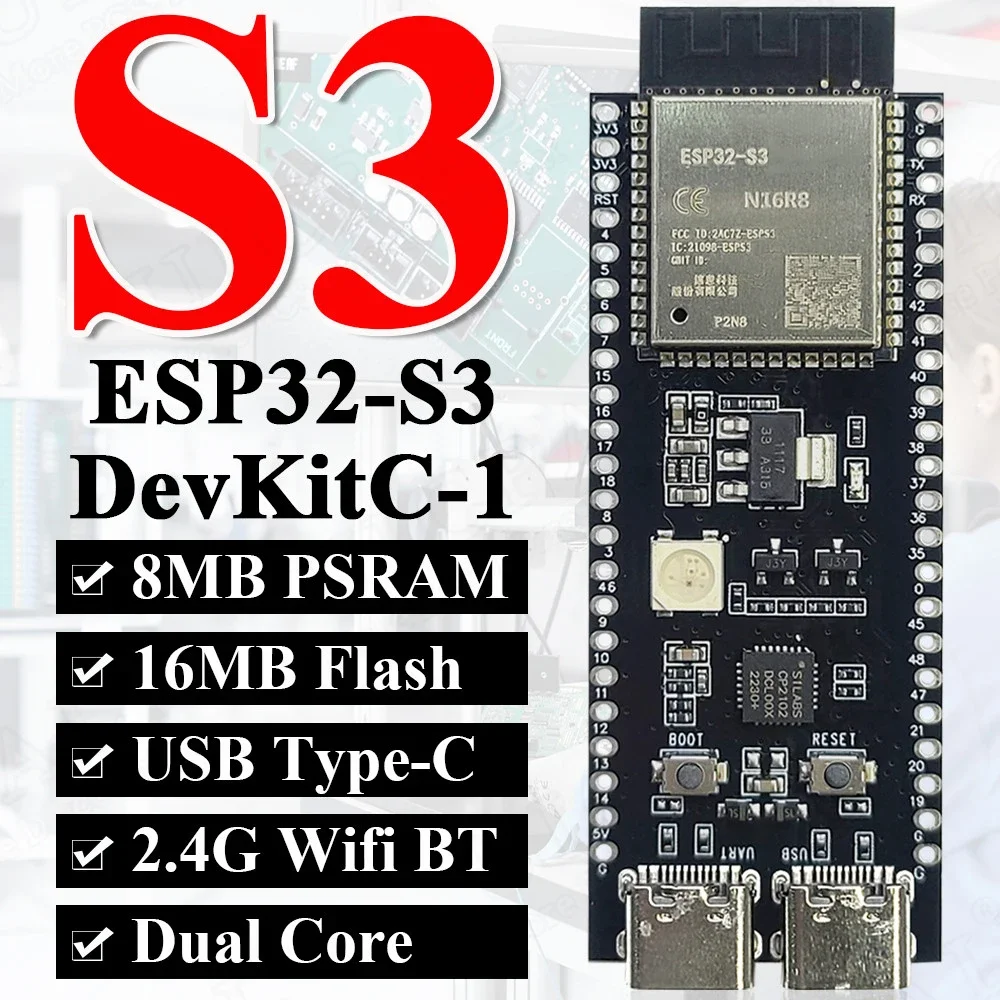 ESP32-S3-DevKitC-1 Development Board BT 2.4G Wifi Module for Arduino 8MB PSRAM 16MB FLASH N16R8 44Pin CP2102 Type-C ESP32 S3