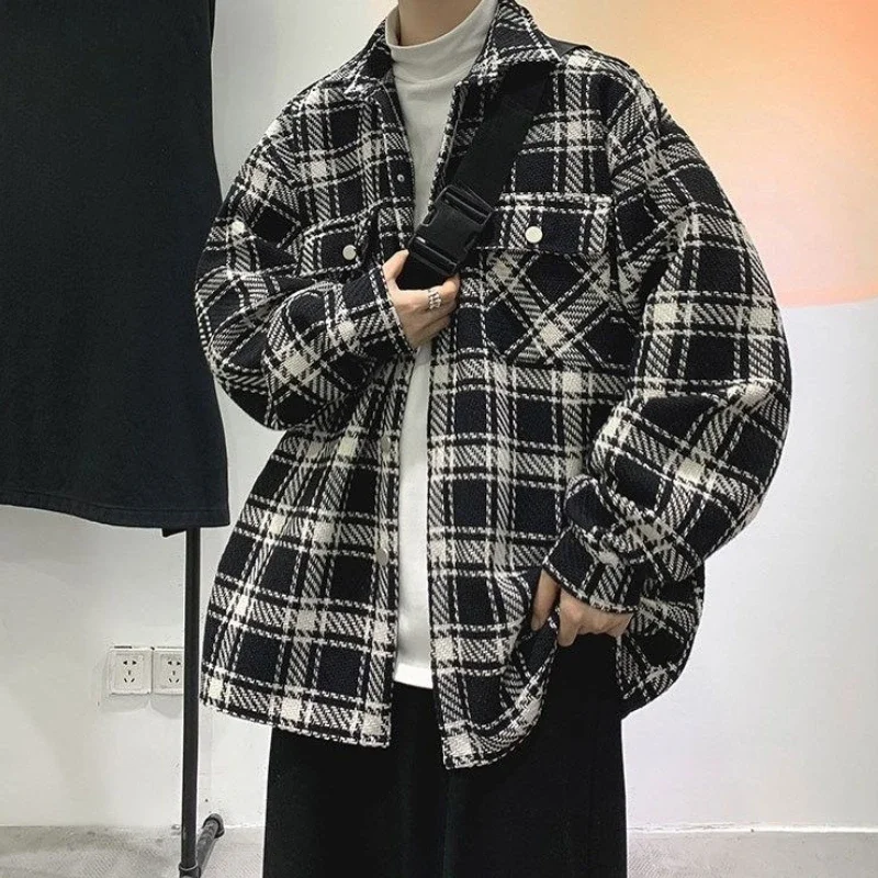 

Корейская версия, негабаритная клетчатая шерстяная куртка для мужчин, весенне-осеннее универсальное пальто в стиле Харадзюку