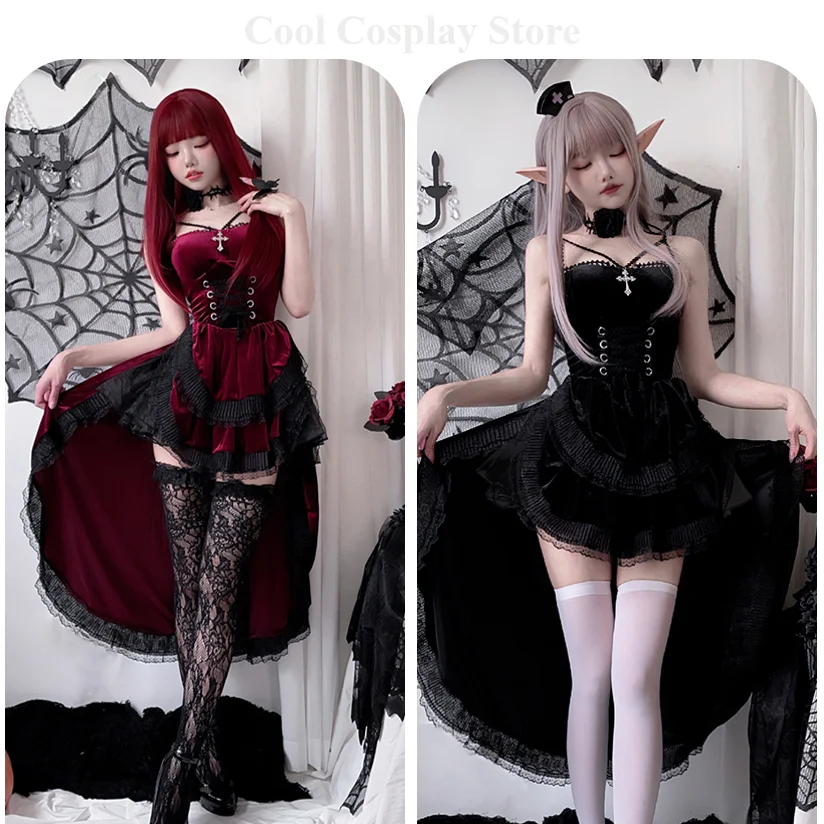 

Dark Gothic Devil Cospaly Costume Halloween sexy lace dovetail halter dres Dovetail Witch Demon Ghost bridal Vampire dress