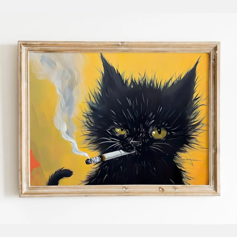 A Frameless Black Smoking Cat Printing,black Kitten Portrait Painting for Bedroom Living Room Wall Art Decoration Unique Gift