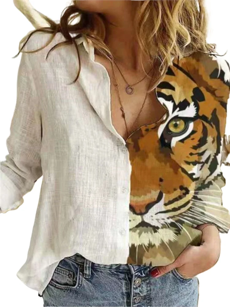 

Women's Tiger Print Shirt Fashion Clashing Color Patchwork Shirt Top Sense Long Sleeve Shirt Autumn Brand Design Shirt Tops