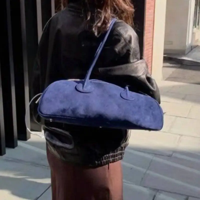 

Bloom Vintage Blue Shoulder Bags Women High Street Suede Surface Chic Casual Handbag Purse Female Retro Underarm Bag Aesthetic