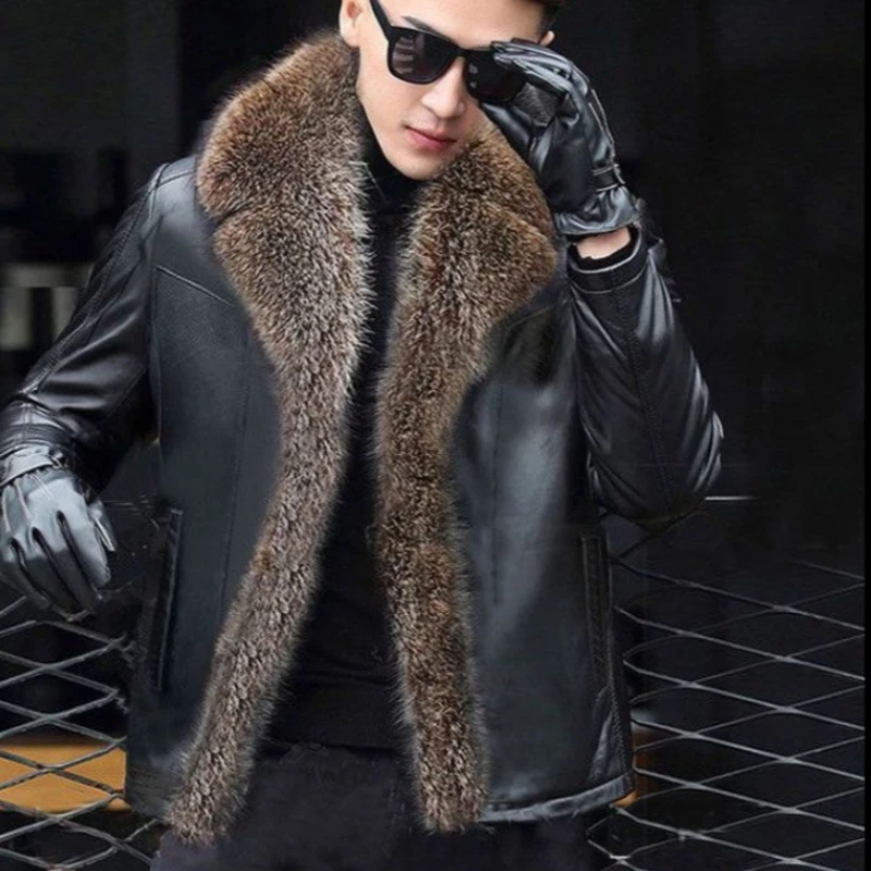 Haining Leather Men Real Raccoon Fur Fur Body Fur Men's Leather Jacket Lamb Fleece Winter Thickened Coat Winter Jacket Men  2024