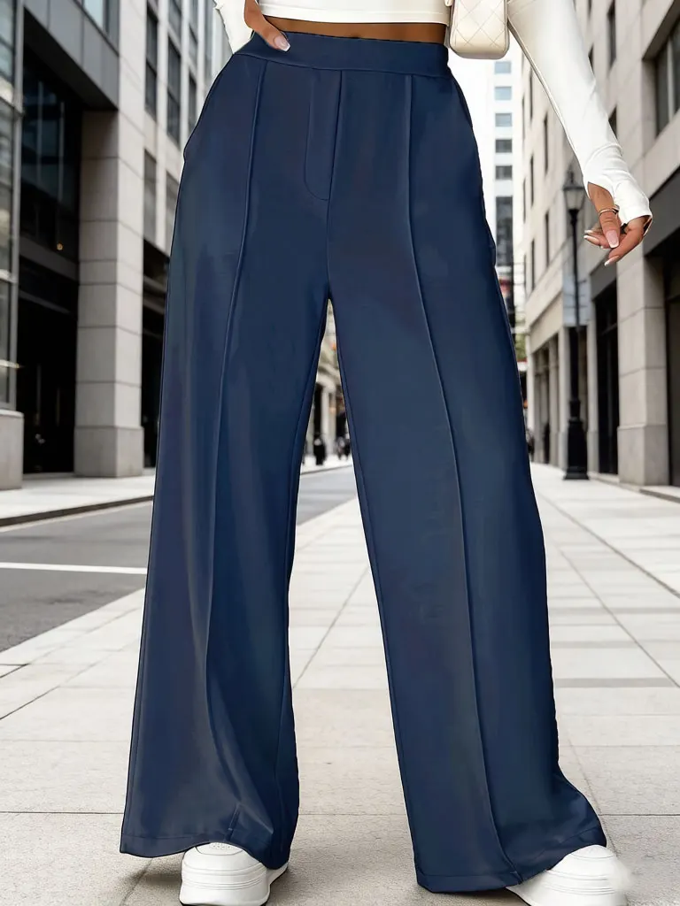 

Women's High Waisted Wide Leg Pants Navy Blue Solid Color Casual Loose Fit Trousers with Pleated Front for Summer Autumn Daily