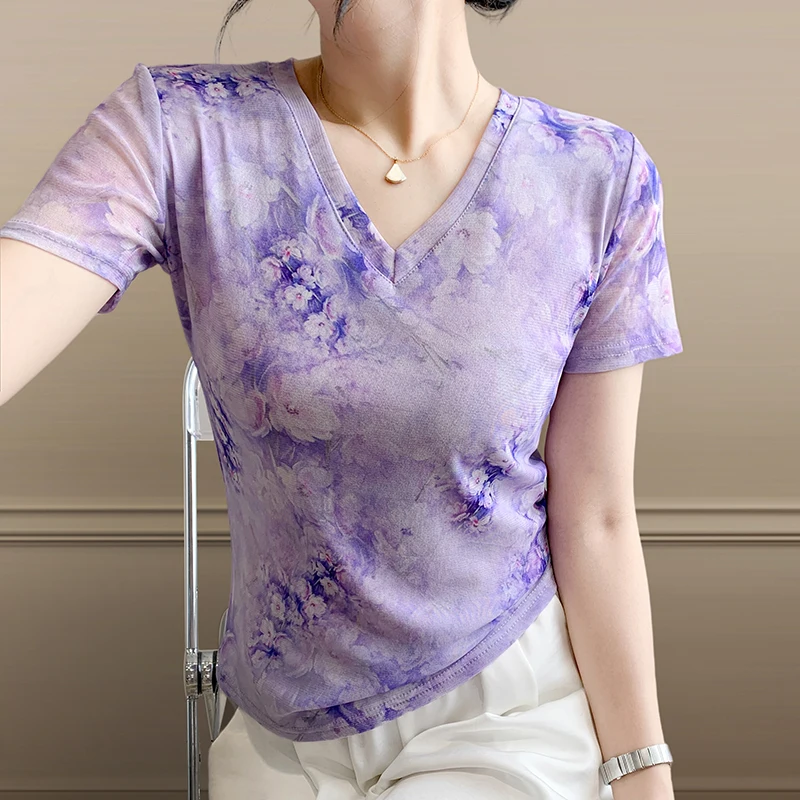 Summer Faion Floral Print Me ort Sve T-irt Women Slim Fit V-Ne f Sve Top Trendy Street Sle Moisture ng