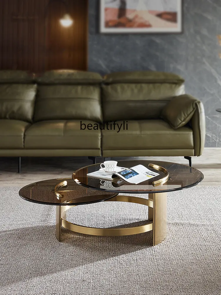 

zq Round Tea Table Combination Large and Small Apartment Type Light Luxury Tempered Glass Tea Table Living Room Home