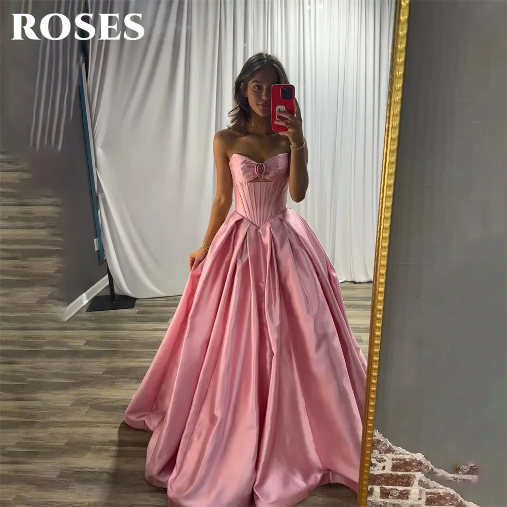 

ROSES Pink Prom Dresses Strapless Satin Gala Dresses with 3D Floral Saudi Arabic Cut Out Evening Party Gown A Line Customized