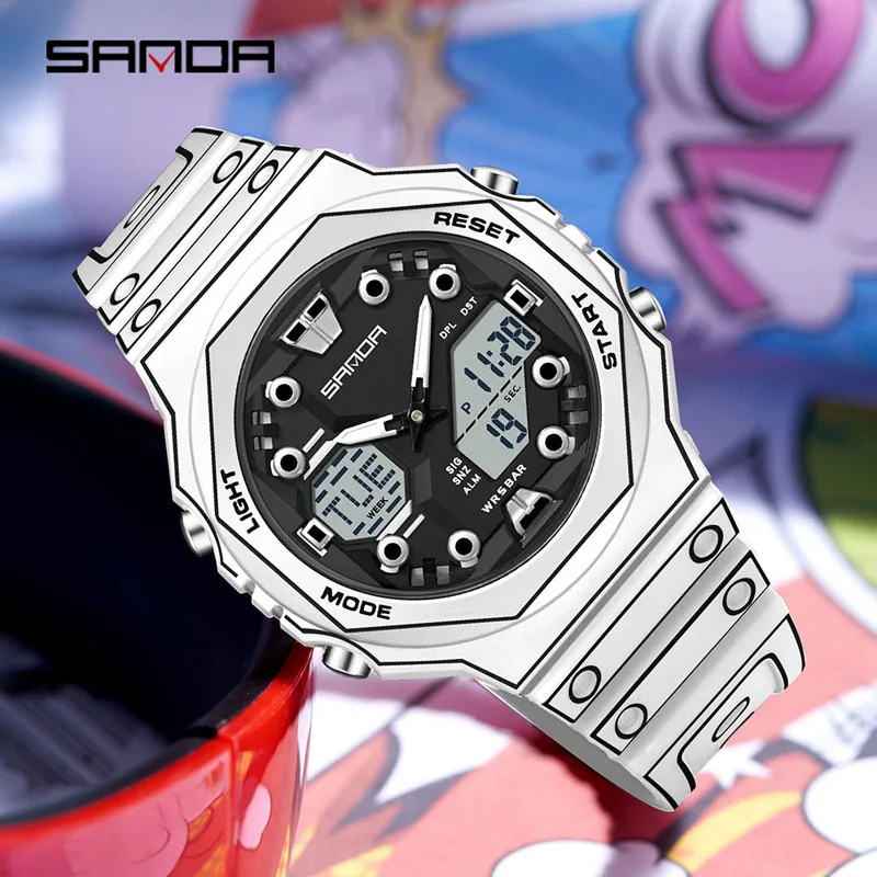 SANDA New Outdoor Sport Electronic Watch Dual Display LED Luminous 5Bar Waterproof Stopwatch Countdown Multifunction Men Watch