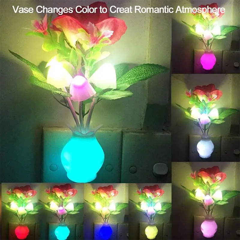 Rose Flower Mushroom Colorful LED Night Light Romantic Decor Atmosphere Lamp Light Sensor Energy Saving Socket Lamp US/EU Plug