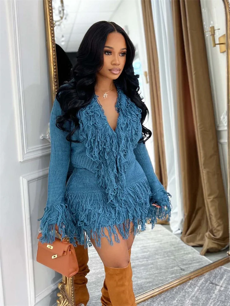 

Weird Puss Sexy Knit Tassel 2-Piece Set Women Lace-Up Low Chest Crop Top+Patchwork Peach Hip Skirt Matching Winter Trend Outfits