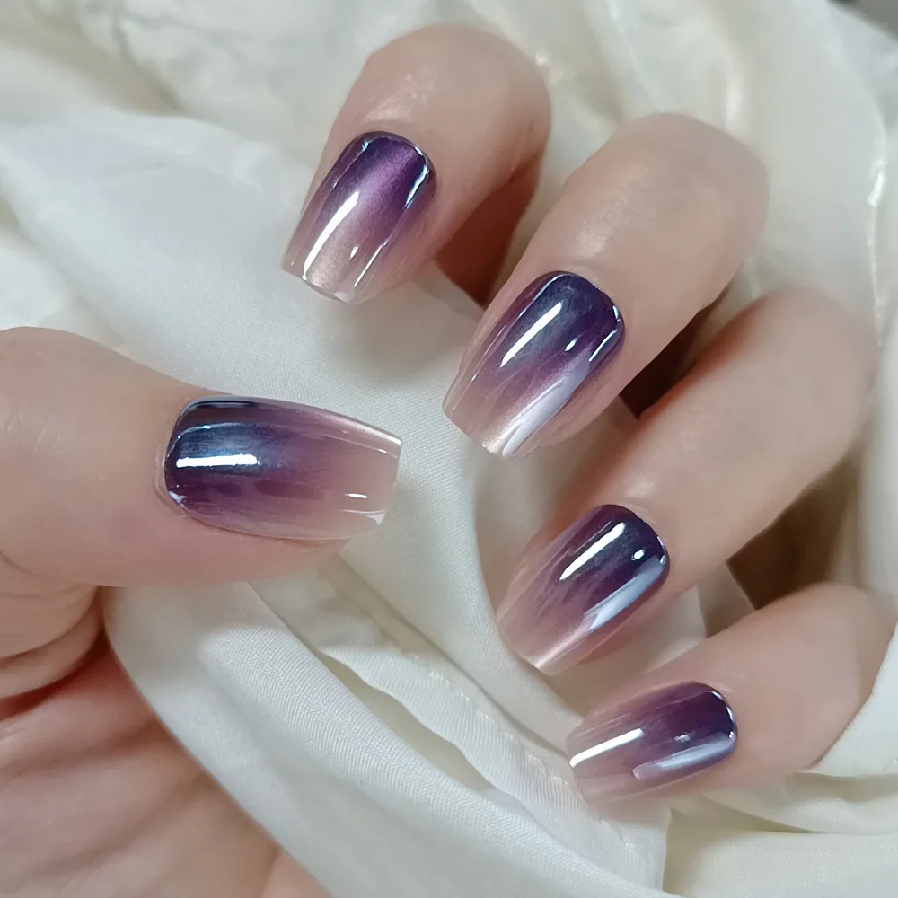 

24pcs Holographic Cat Eye Press-On Nails with Purple Gradient, Long Coffin Shape, Assorted Sizes Fake Nail For Women