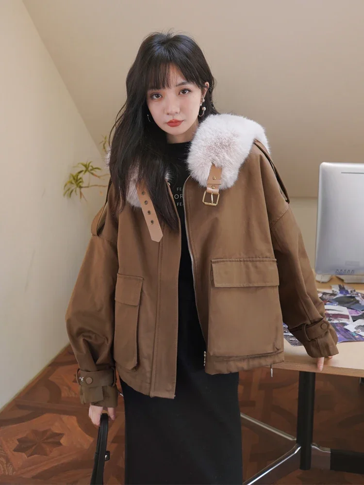 MiiiiX Warm Soft Fur Collar Splicing Parkas Casual Jacket Short Thicken Trench Coat Loose Outerwear 2024 Women's Winter Clothes