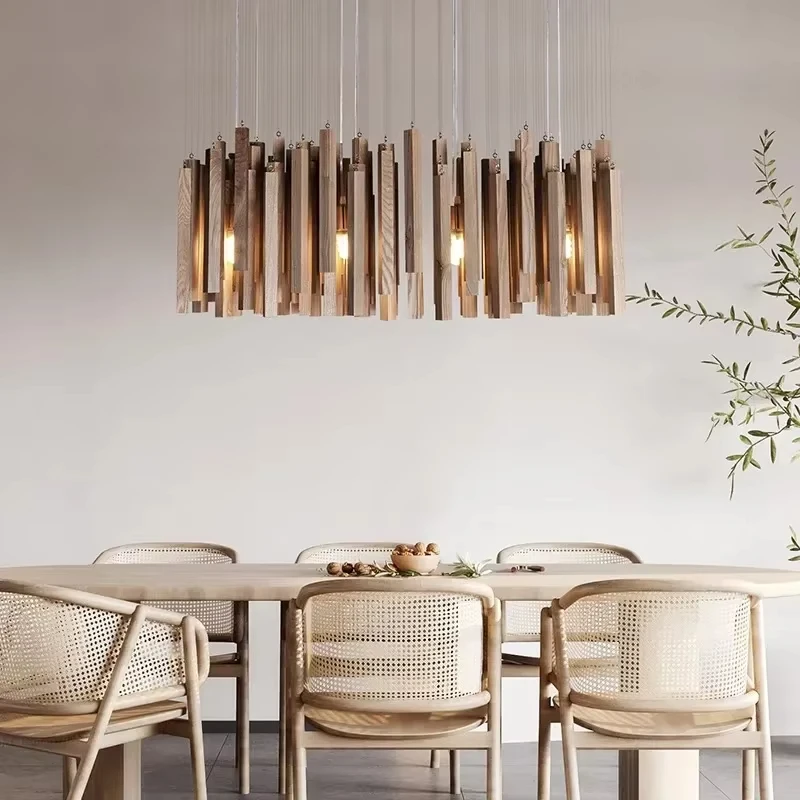 New Chinese Restaurant Chandelier Solid Wood Hanging Lamps E27 Retro Japanese Room Decor Lighting for Living Room Loft Lustres