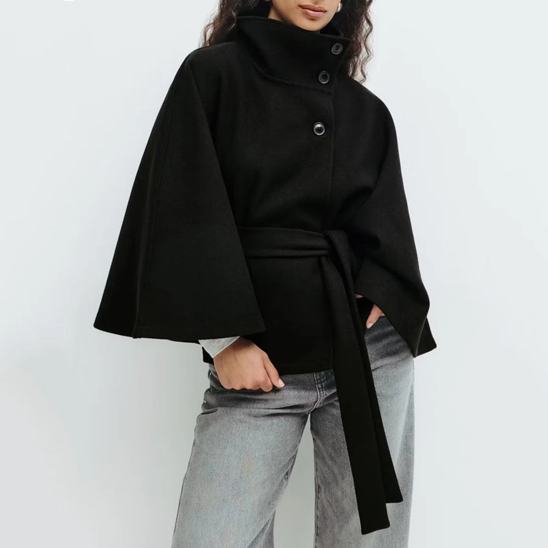 

Fashion Women Cropped Cape Coat Vintage Lace Up Belt Short Jacket New Autumn Winter Outerwear Stand Collar Loose Short Coat