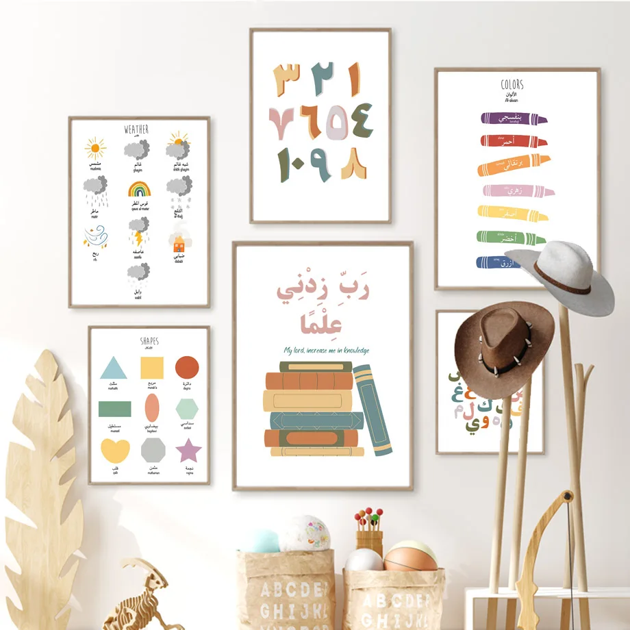 Colorful Arabic Alphabet Learning Educational Nursery Wall Art Print Canvas Painting Posters Wall Pictures Kids Classroom Decor