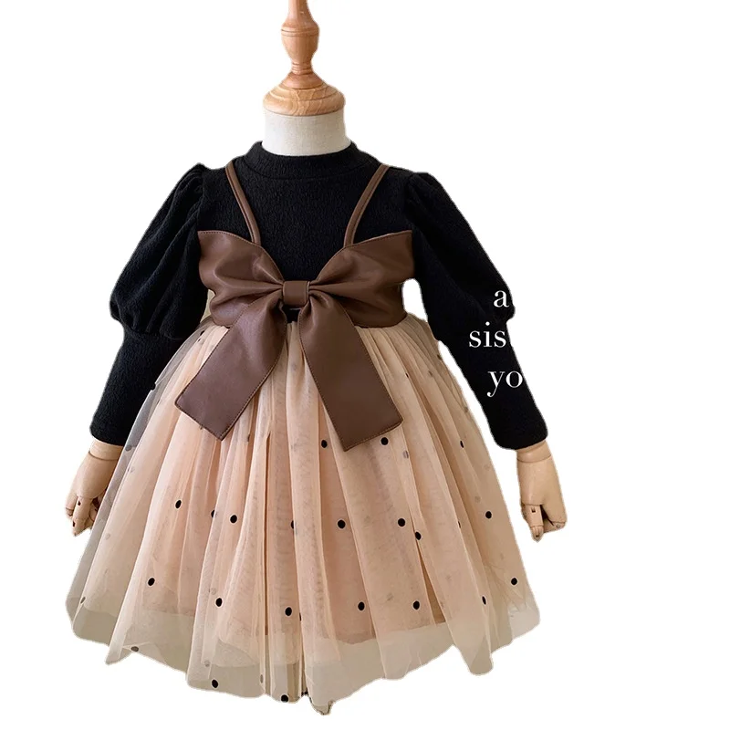 Girls Autumn Dress Korean Style Big Bow Mesh Princess Dress Kids Bow Long Sleeve Birthday Party Dot Dress Kids Vestidos Clothes