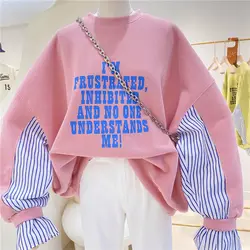 Cute Letter Printed Striped Shirts Sleeve Patchwork Oversized Sweatshirt Varsity Lady Loose Elegant Blouse Autumn Casual Tops