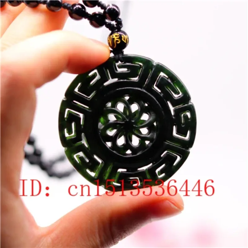Chiński czarny zielonego jadeitu dwustronnie Hollow wiatrak wisiorek naturalne ręczne rzeźbione naszyjnik Amulet szczęście prezenty mężczyzn łańcuch sweter