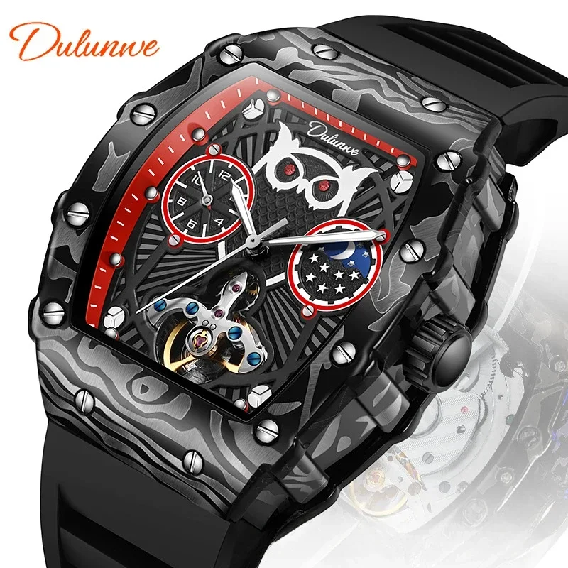 Wine Barrel Hollow Mechanical Watch Mens Glow-in-the Dark Waterproof Watch Tourbillon Automatic Sports Watch Man