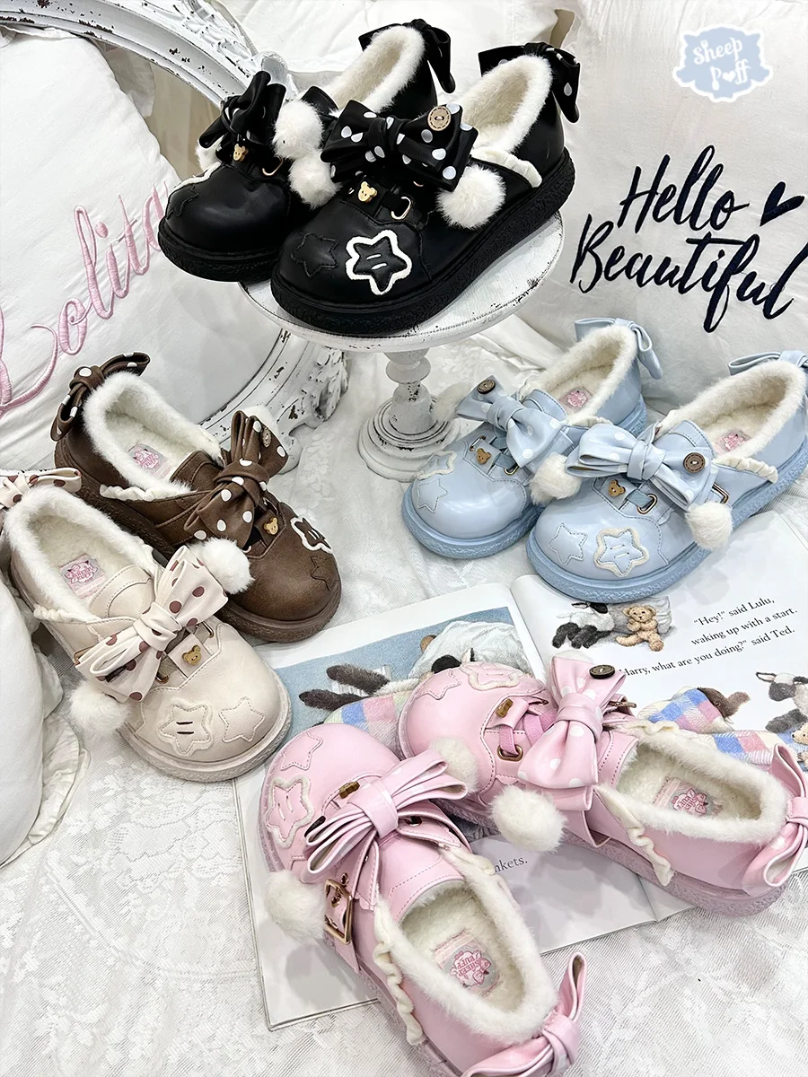 

Autumn Winter Kawaii Japanese Sweet and Cute Lolita Velvet Warm Small Leather Shoes Women's Bow Round Head Mary Jane Single Shoe