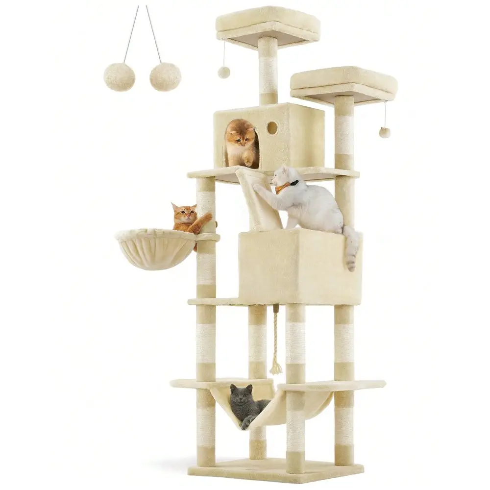 

Cat Tree, 81.1Inch Large Cat Tower With 13 ching Posts, 2 Perches, 2 Caves, Basket, Hammock, Pompoms, MultiLevel Plush Cat