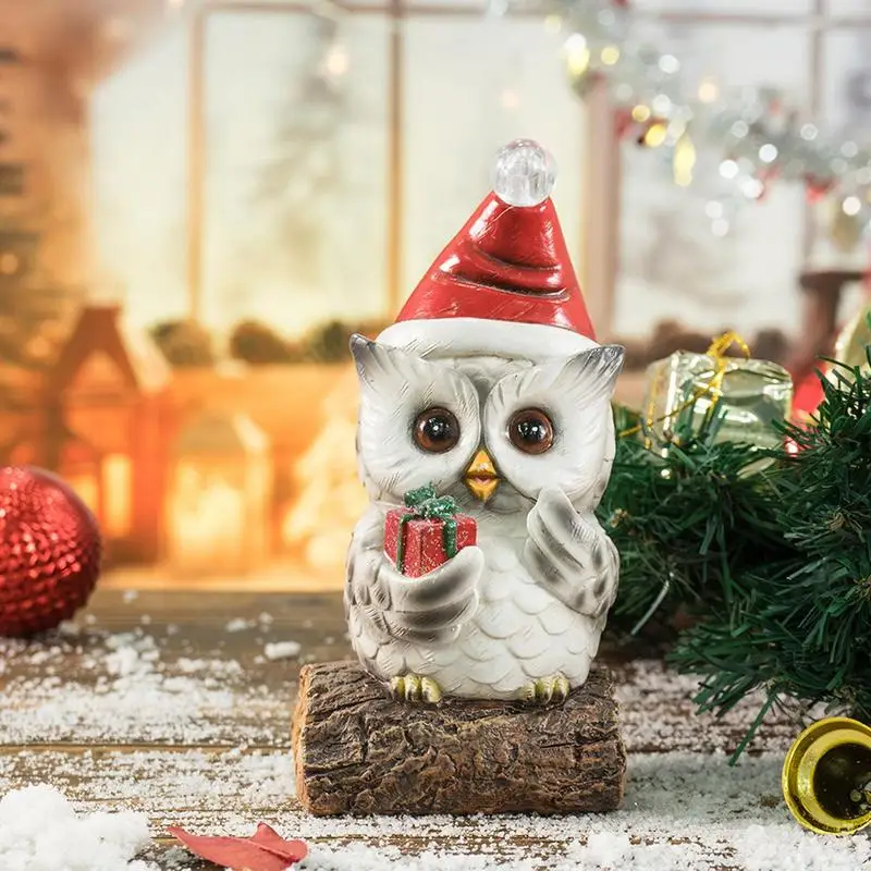 

Light Up Owl Resin Figurine Light With Christmas Hat Animal Sculpture Collectible Figurine For Owl Lover Table Bookshelf Decor