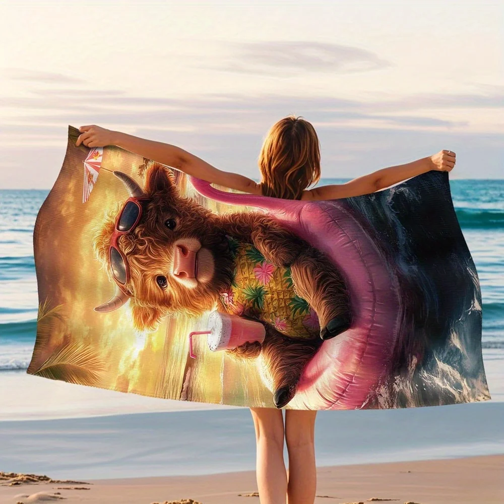 Adorable Highland Cow Beach Towel Funny Highland Cow in Pineapple Outfit on Pool Float Pattern Animal Lover Vacation Blanket
