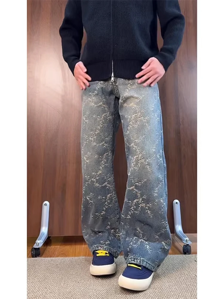 

Blue High Street Thorn Embroidery Jeans Men's American Vibe Straight Leg Loose Wide Leg Flared Pants Wear Resistant Stone Wa