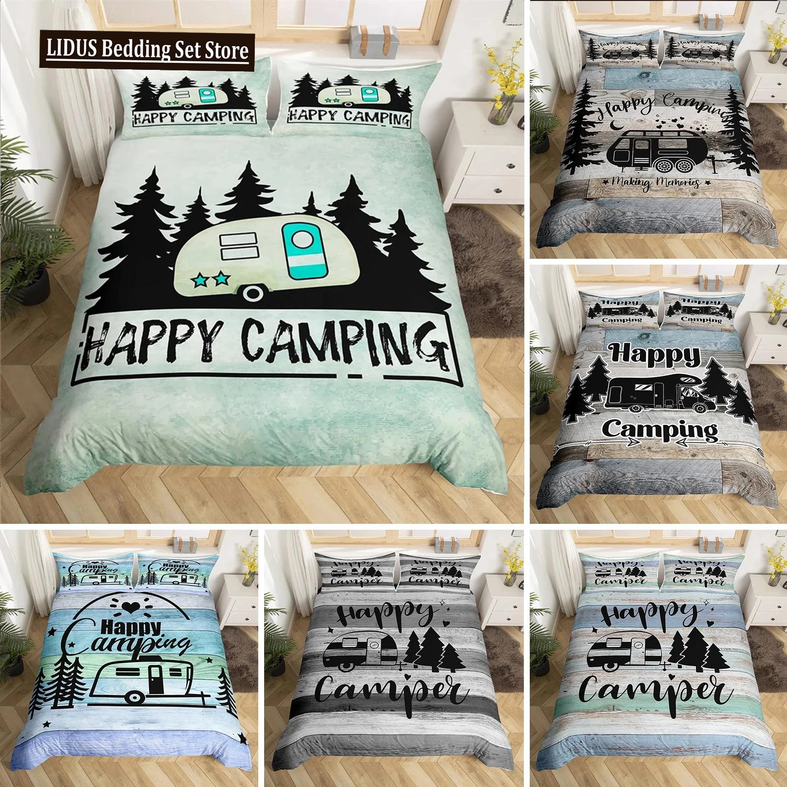 

Happy Camping Duvet Cover Queen Cartoon Caravan Camping Bedding Set Farmhouse Style 3D Camper Comforter Cover With Pillowcases