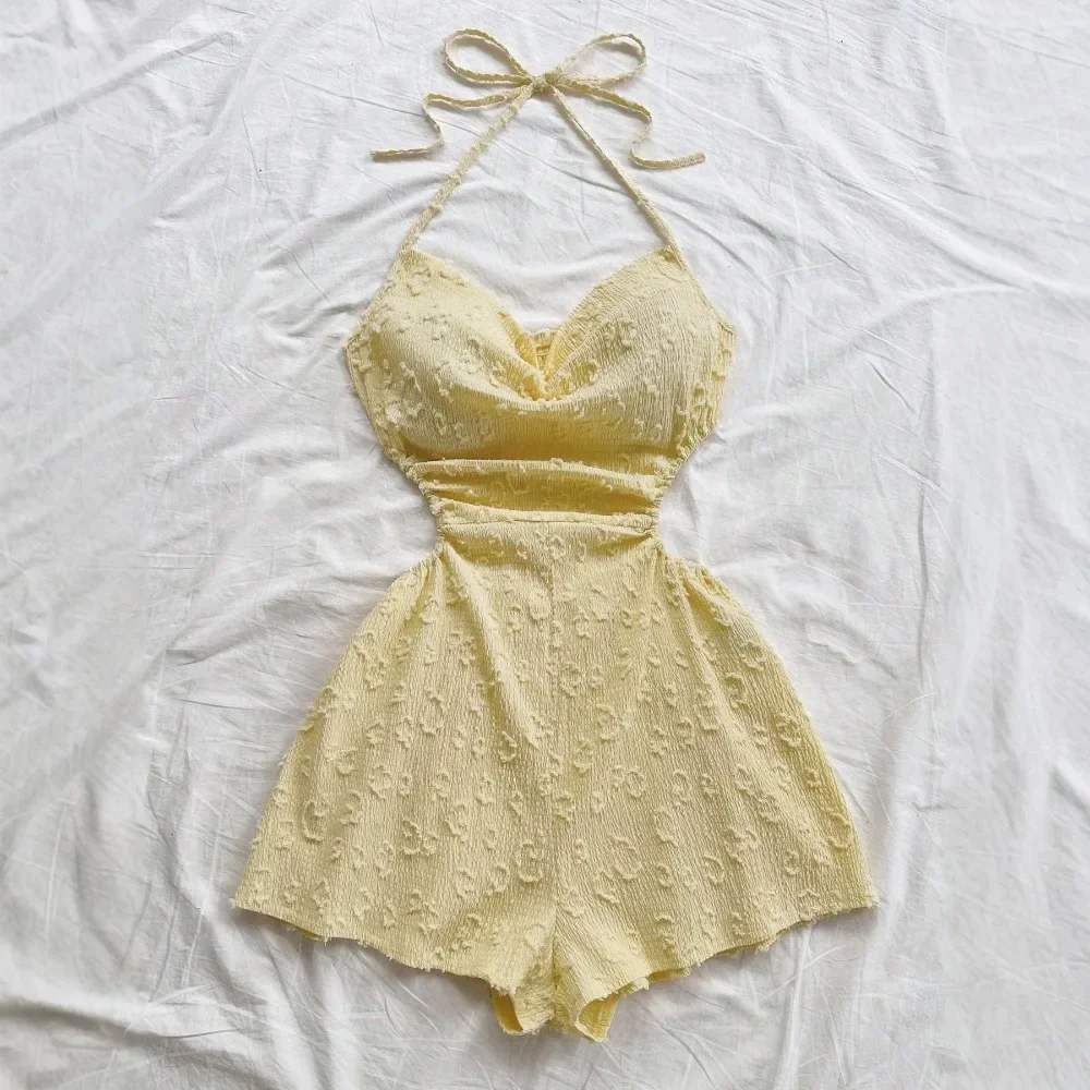 Women Sweet Halter Sleeveless Ruched Cropped Jumpsuit Tie Backless Beach Vacation Romper Streetwear Chic