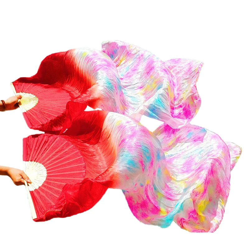 Real Silk Dance Fan Belly Dance Fan a Pair of Extended Fans Handmade Color Tie-dye Silk Fan Modern Dance Customizable Dance Fan