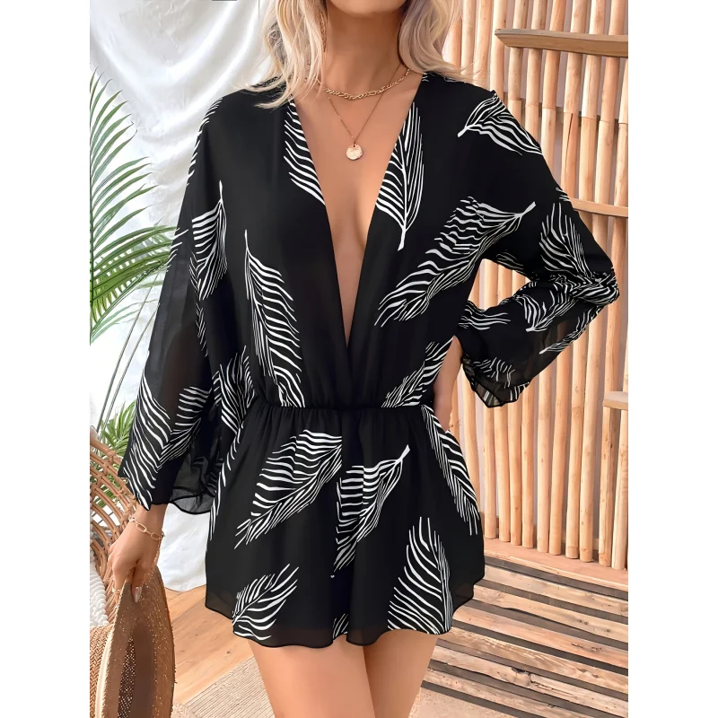 

MOXDOOne-piece cover-up, fashionable, lightweight, comfortable, casual, beach vacation style with print