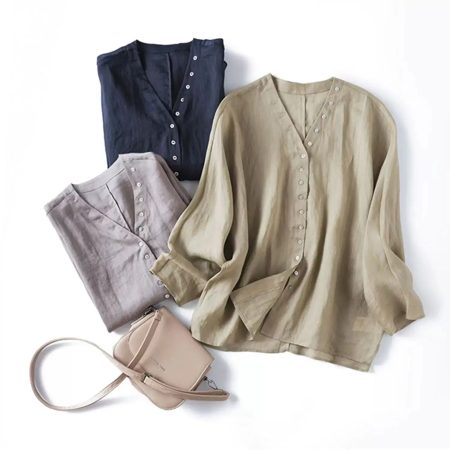 

Dave&di V-neck Shell Buckle Shoulder Length Loose Artistic Shirt, Sun Protection Top Blouses Women's Clothes Shirts Tops