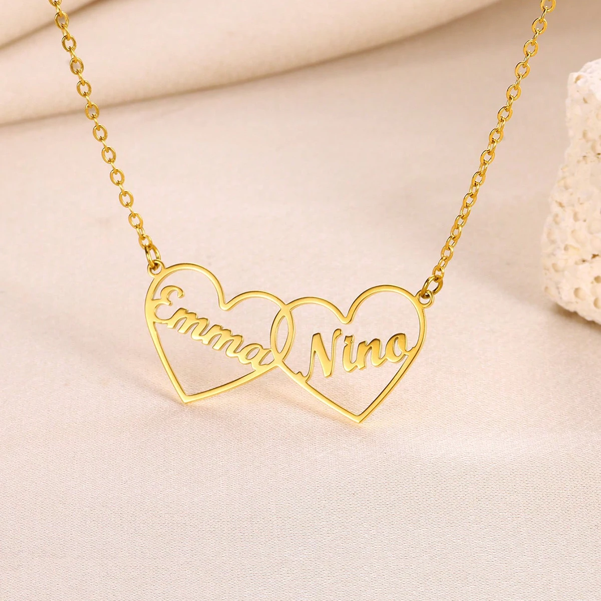 Custom Double Hearts Two Name Necklaces For Women Men Stainless Steel Customized Necklace Pendant Personalized Neck Jewelry Gift view 4