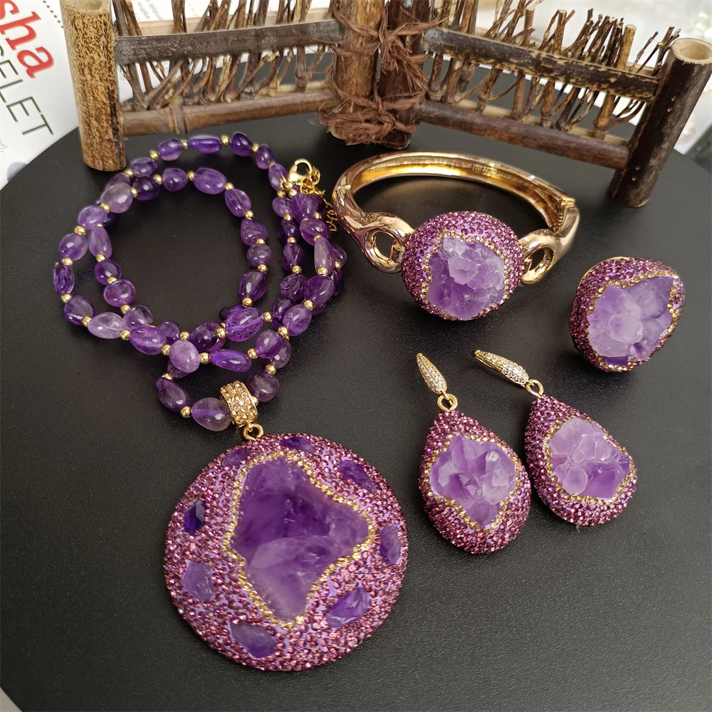 

Natural Irregular amethyst Original Stone Pendant Women's Necklace Set Noble Luxury Fashion Personality Lady Wedding Jewelry