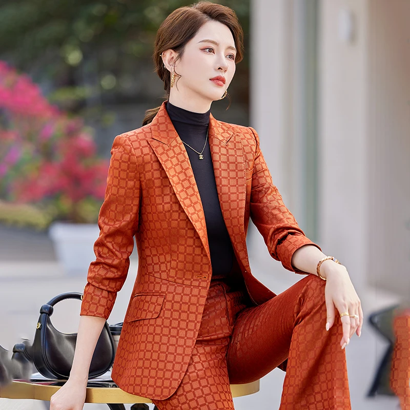 NAVIU Fashion Business Women Work Wear Spring New High Quality Plaid Blazer and FLARE PANTS Suit Shows Calm Capable Temperament