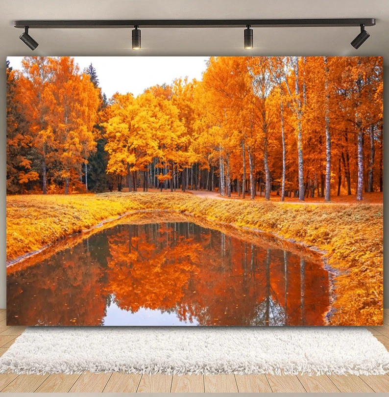 Autumn Forest Backdrop Fall Natural Scenery Mountains Lakes Maples Fallen Leaves Sunshine Kids Portrait Photography Background