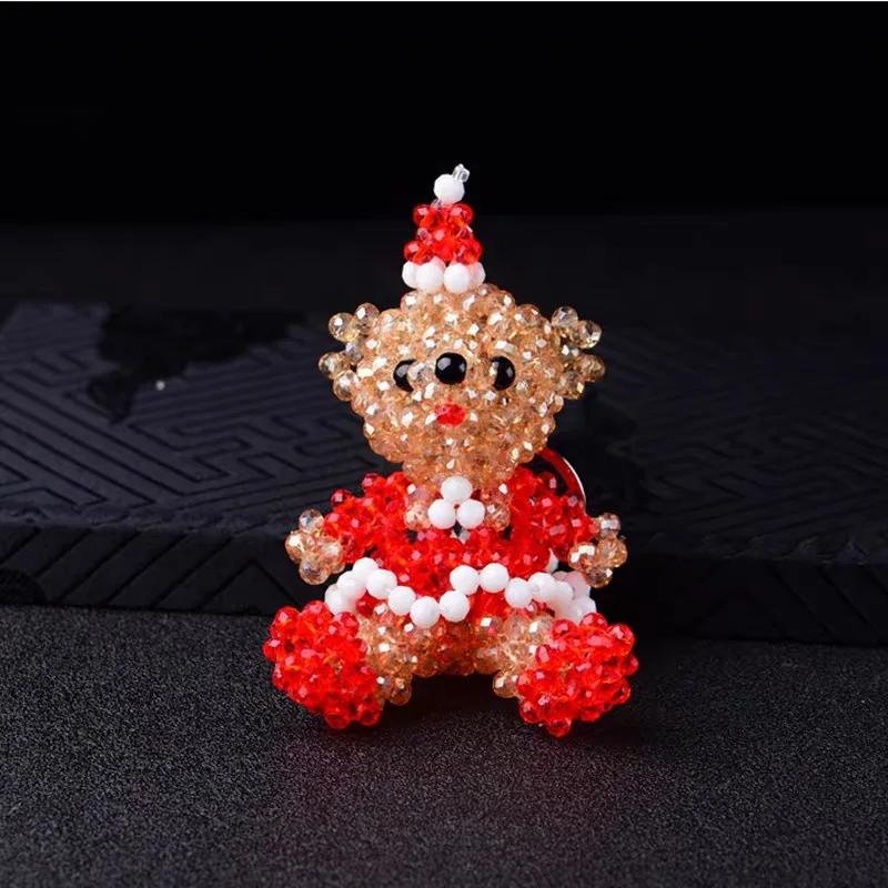 Beautiful Cute Christmas Bear Pure Hand Woven Austrian Crystal Key Chain Bag Hanging Accessories Shining  Girl Birthday Gift 1PC