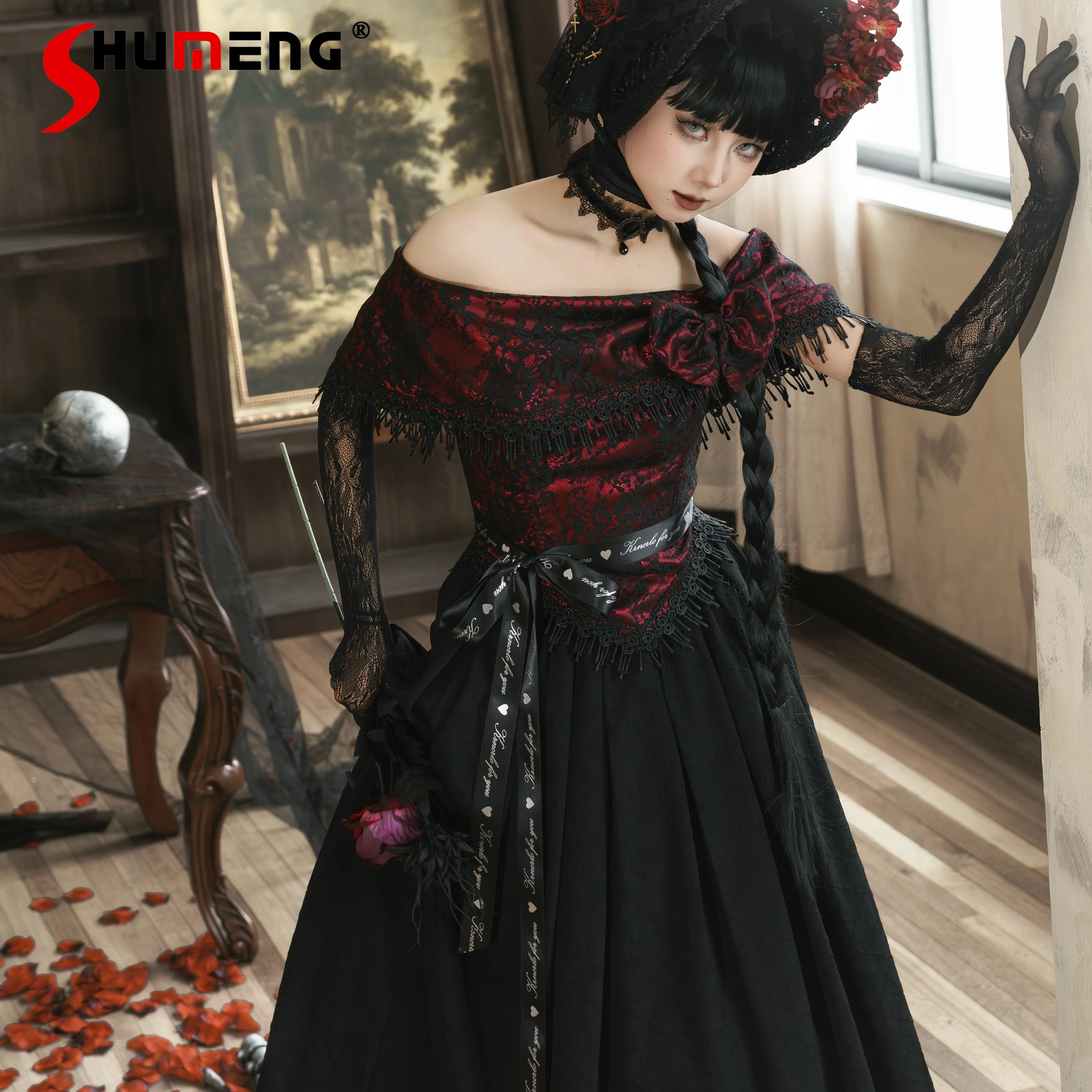 

Original Red Gothic Dark Off-Shoulder Tops Long Skirt 2-Piece Set Autumn New Women's Slim Fit Bow Lace Blouse Long Skirt Set
