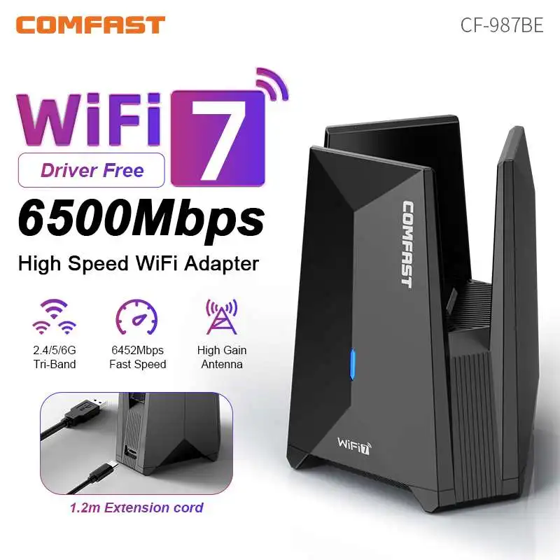 COMFAST WiFi7 USB Adapter BE6500 WiFi7 Adaptador 2.4G&5.8G&6GHz USB3.0 Wireless Network Card 802.11be Driver Free for Win 10/11
