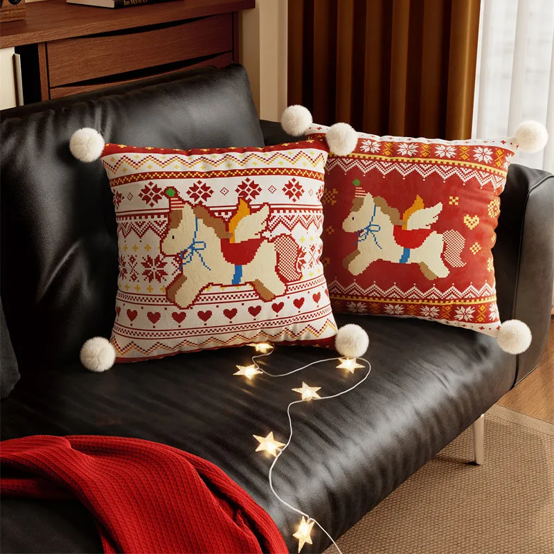 Cute Horse Cushion Cover For Kids Bedroom Children Decorative Pillowcase Shell With Pom-Pom Soft Velvet  Bed Couch Sofa Luxury