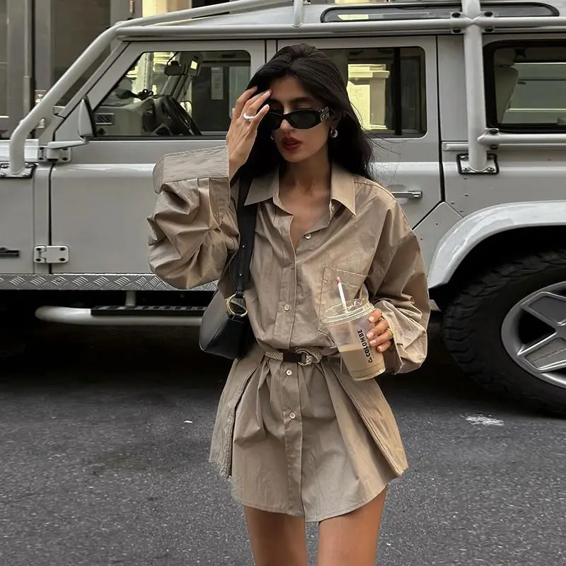 American Street Style Polo Collar Button Fashion Retro Waist Versatile Long Sleeve Dress Women