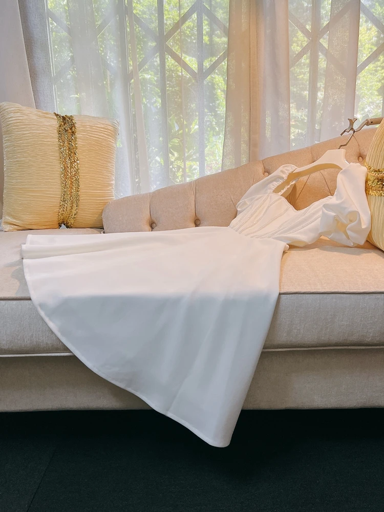 Pure White Pearl Fibone Hollow out Design Square Ne Bubble Sve Dr High Waist Long Dr Summer Evening Gown