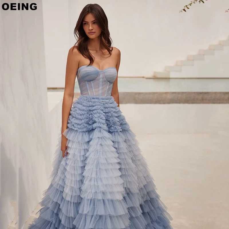 OEING Pretty A-Line Prom Dresses Elegant Princess Strapless Tulle Tiered Evening Dress Formal Occasion Gown Vestidos De Novia