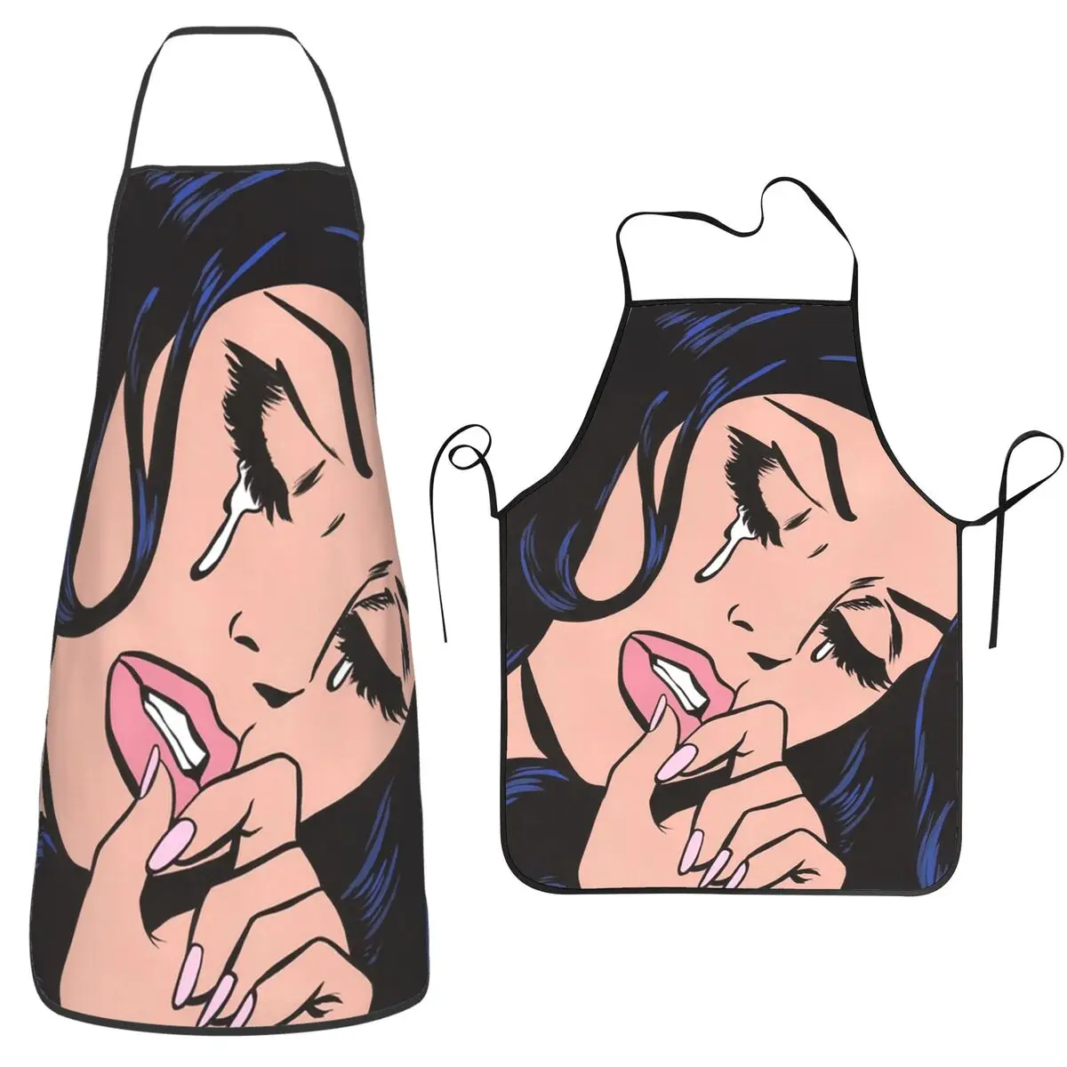Black Hair Crying Comic Girl Apron Chef Cooking Tablier Sleeveless Bib Kitchen Cleaning Pinafore for Women Men Gardening
